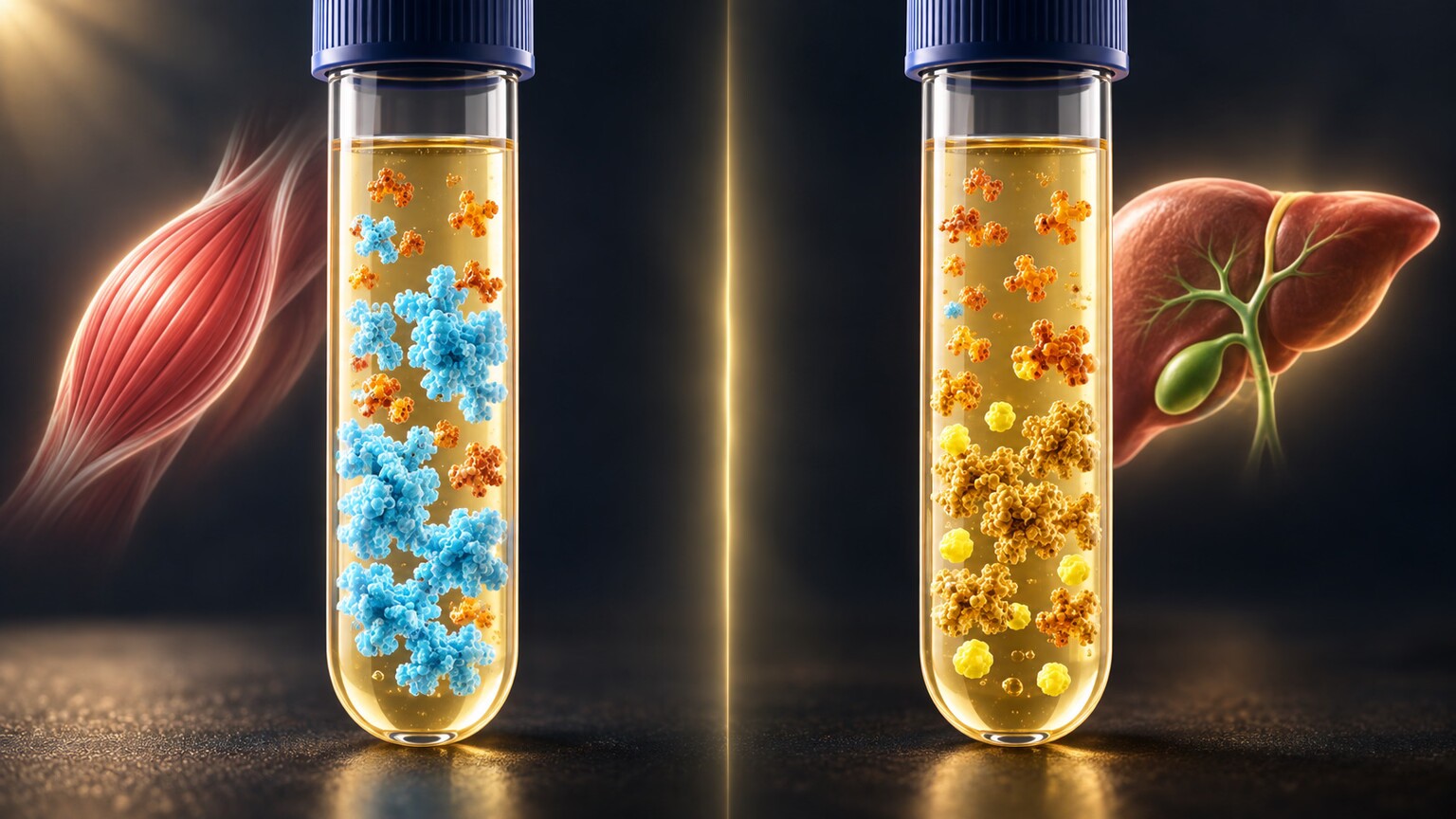 Split scientific illustration comparing a muscle-source blood sample rich in creatine kinase with a liver-source blood sample rich in GGT and bilirubin, both showing a raised AST