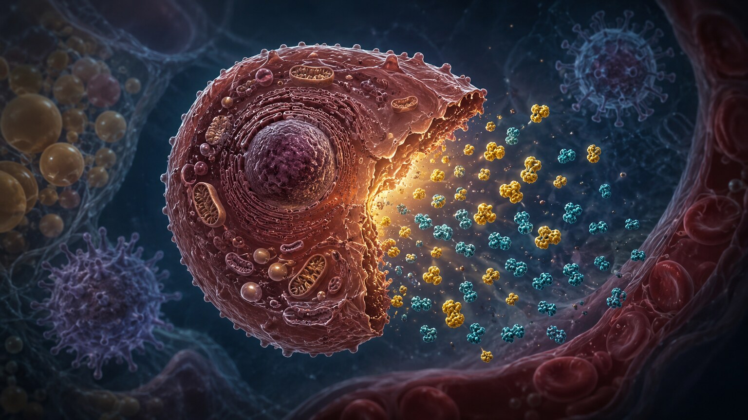 Scientific illustration of a stressed liver cell releasing ALT and AST enzymes through its damaged membrane into the bloodstream