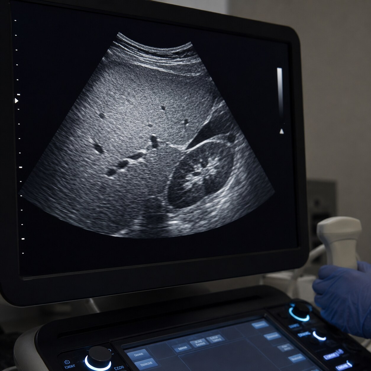 Abdominal ultrasound screen displaying a bright, fat-infiltrated liver characteristic of fatty liver disease