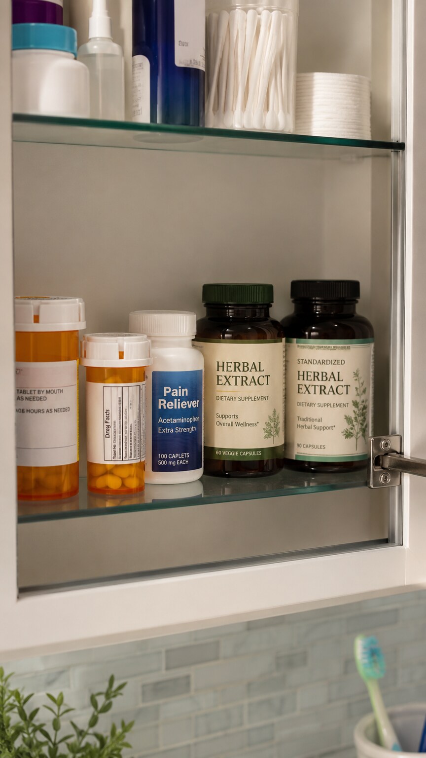 Open medicine cabinet shelf lined with prescription bottles and herbal supplement containers