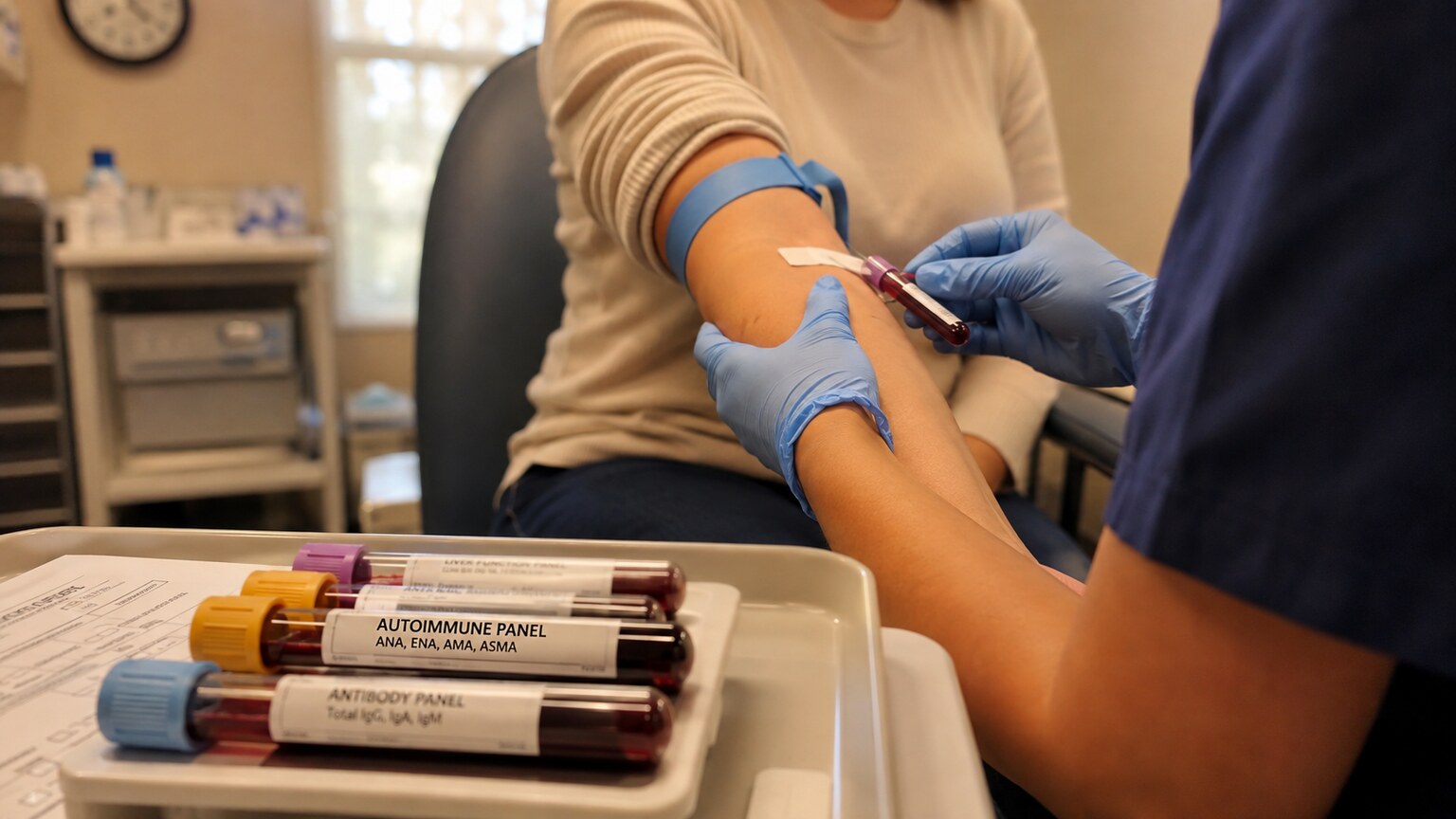 Phlebotomist drawing a labeled blood sample for an autoimmune antibody panel in a clinic setting