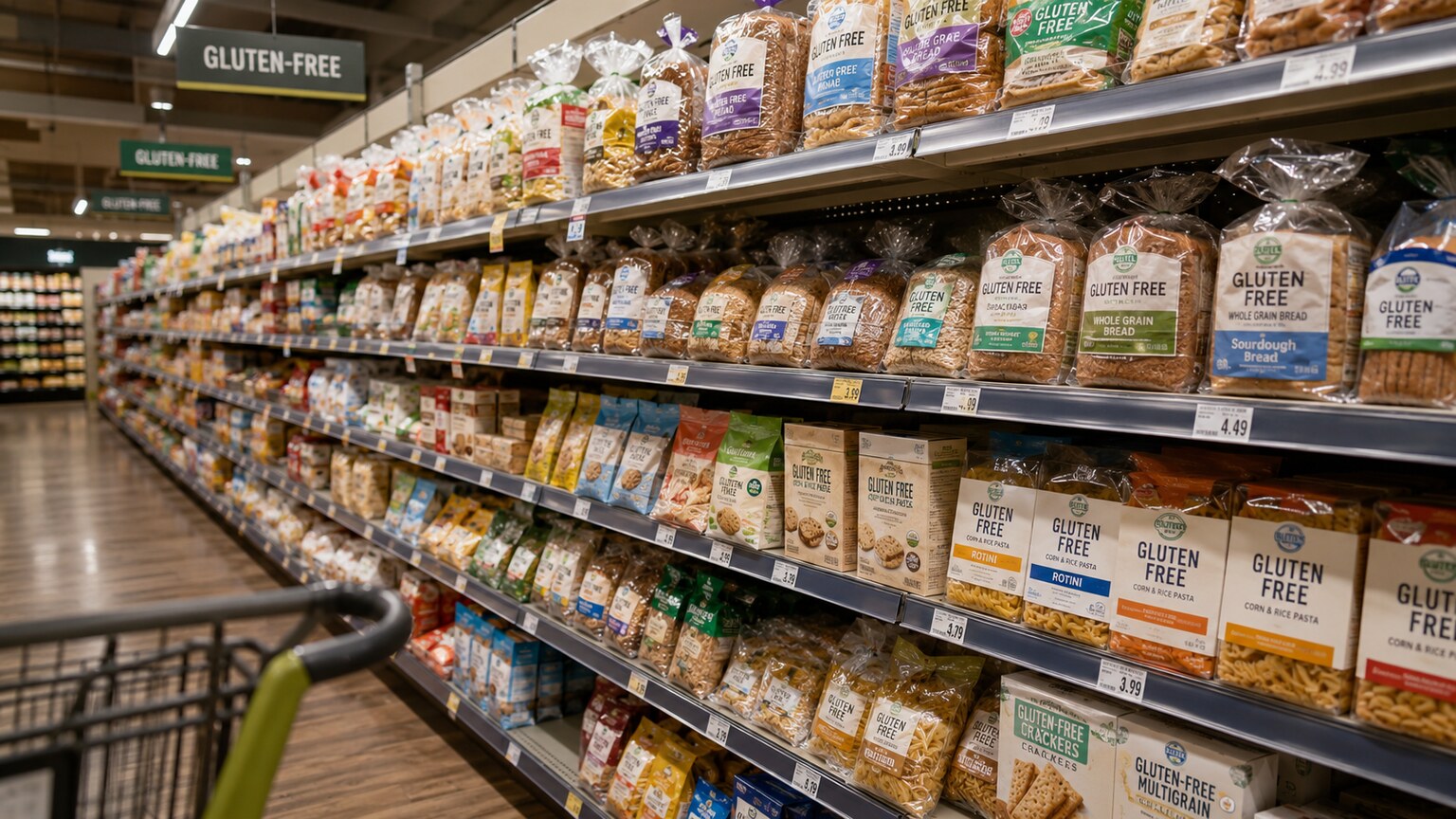 Grocery store aisle stocked with labeled gluten-free bread and pasta products