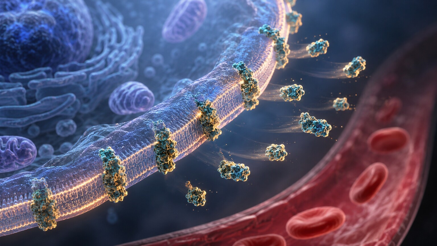 Scientific illustration of a liver cell membrane releasing gamma-glutamyl transferase enzyme molecules into a nearby blood vessel
