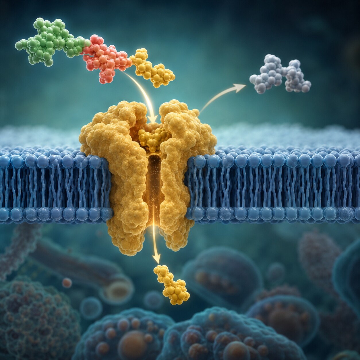 Diagram illustrating the gamma-glutamyl cycle showing amino acid transport across a cell membrane assisted by an enzyme