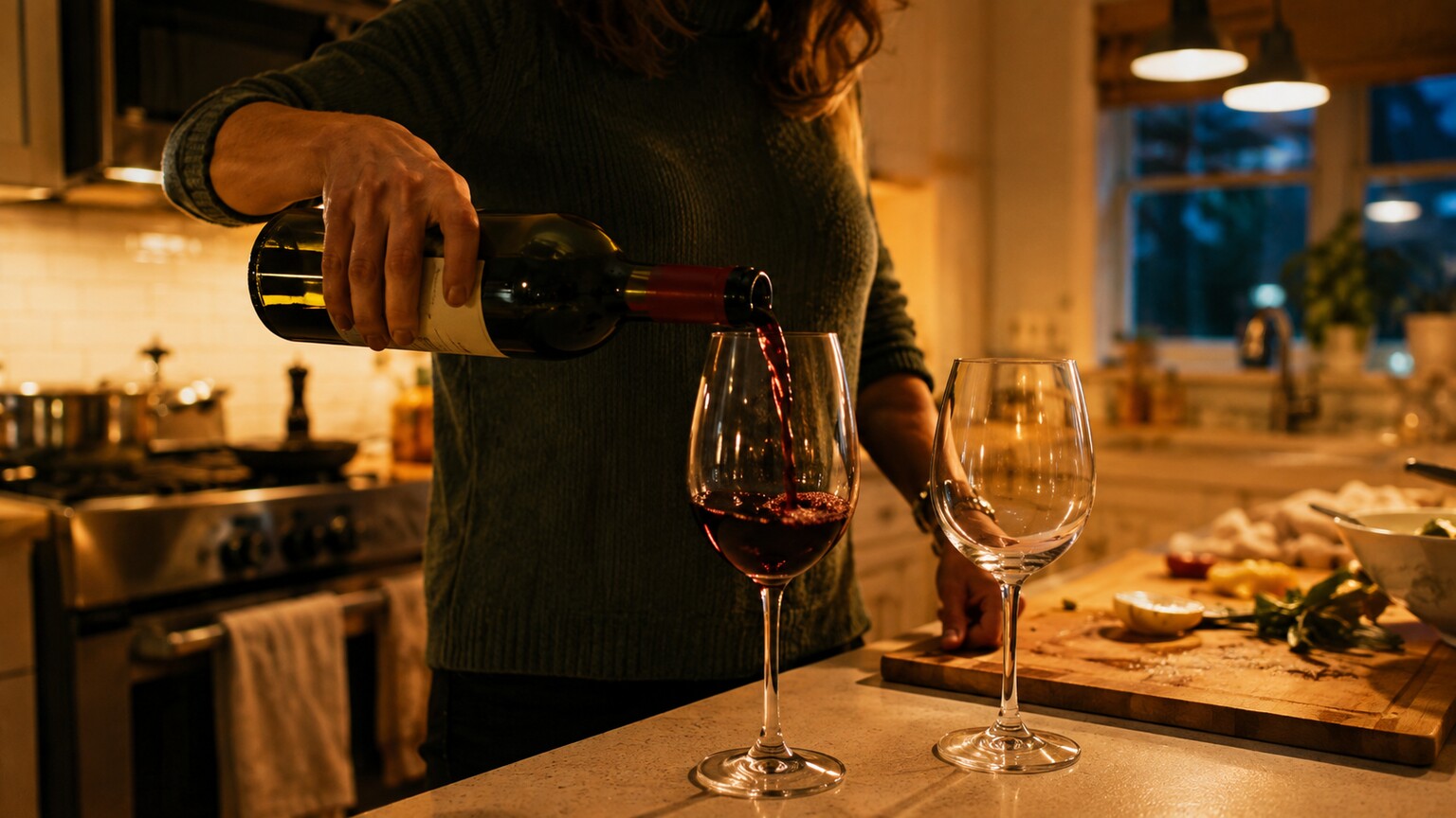 Photo of a hand pouring red wine into a glass at a kitchen table in the evening, representing a common driver of elevated GGT