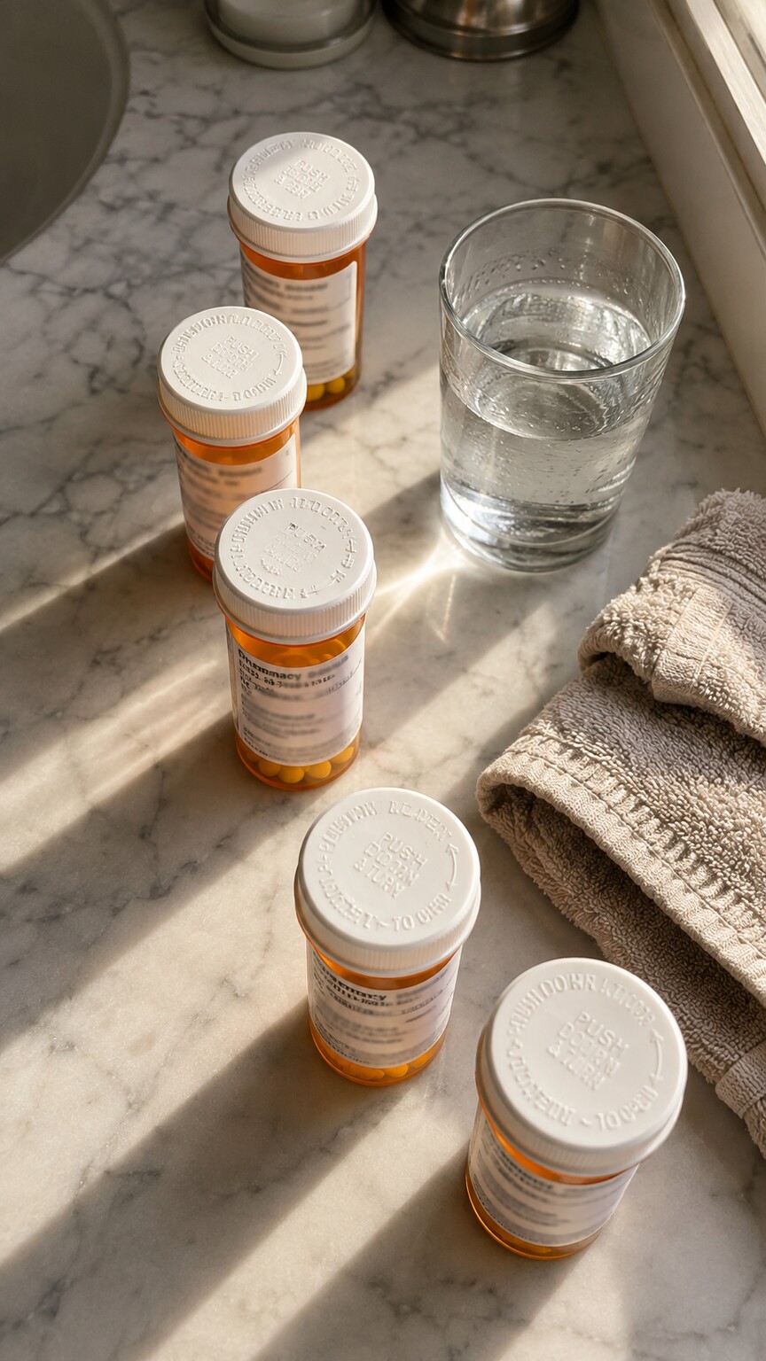 Rows of prescription medication bottles lined up on a bathroom counter, representing common drugs that induce liver enzyme production