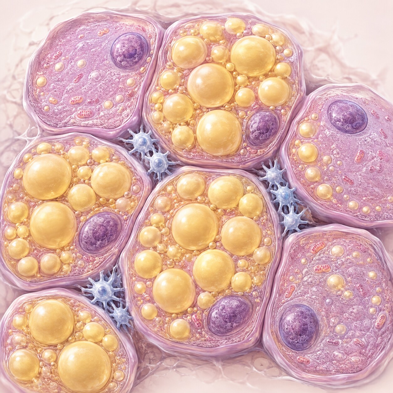 Cross-section medical illustration of liver cells with visible fat droplets accumulating inside, characteristic of fatty liver disease