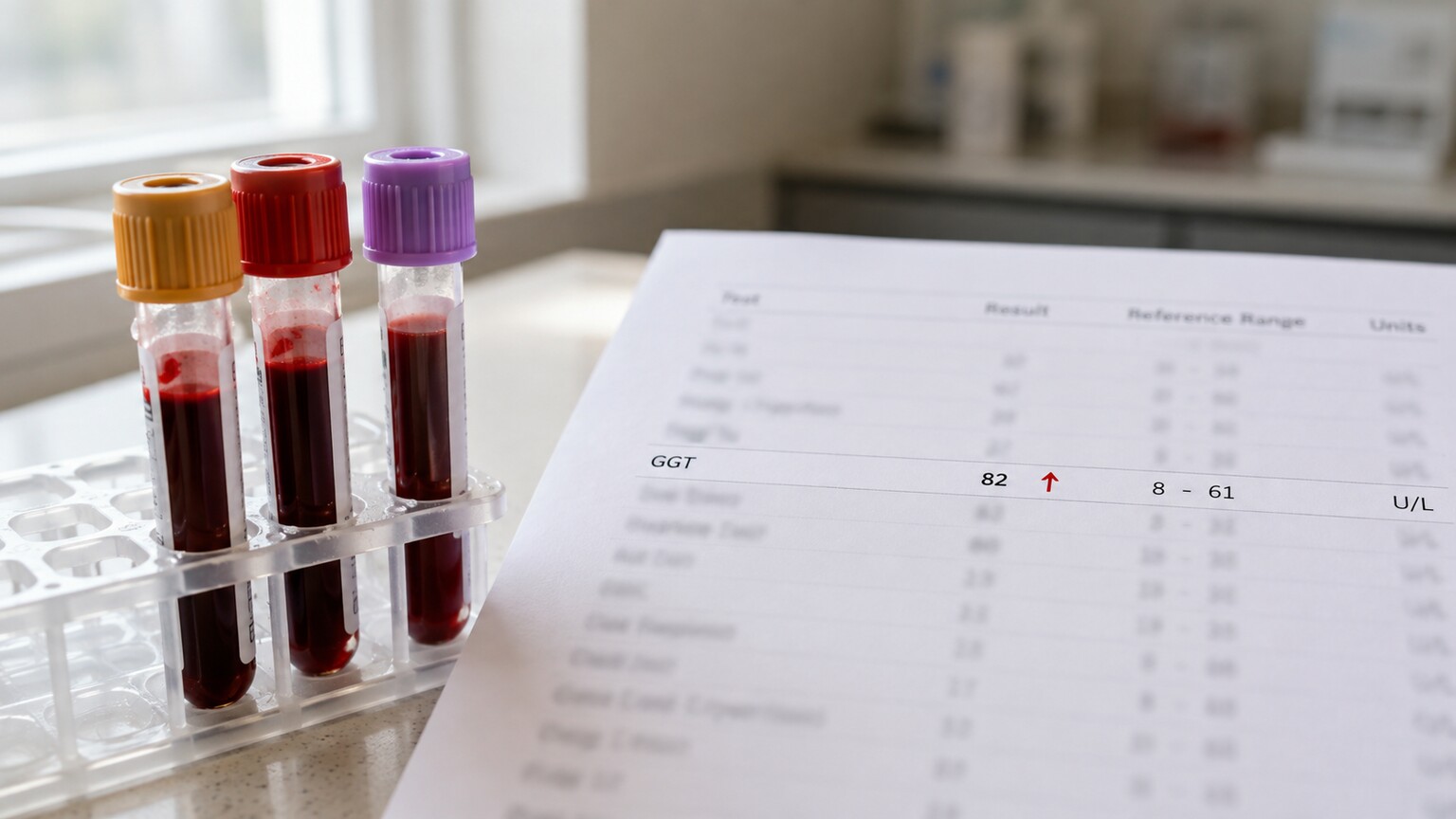 Blood collection tubes resting beside a printed liver panel lab report with the GGT value visible on the page