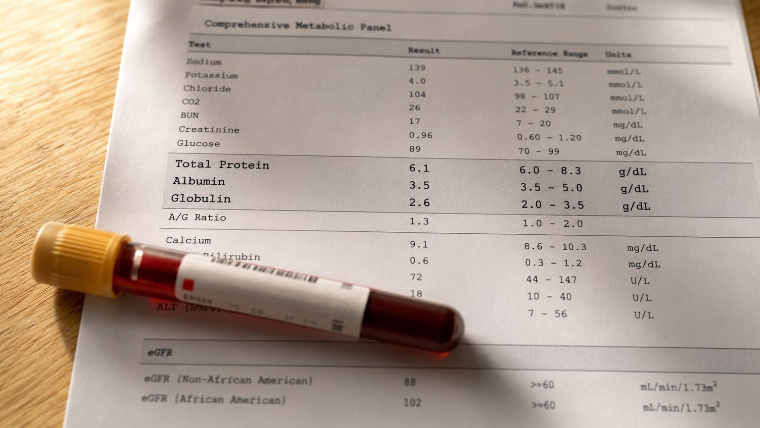 Close-up of a printed comprehensive metabolic panel showing total protein, albumin, and globulin values beside a blood tube