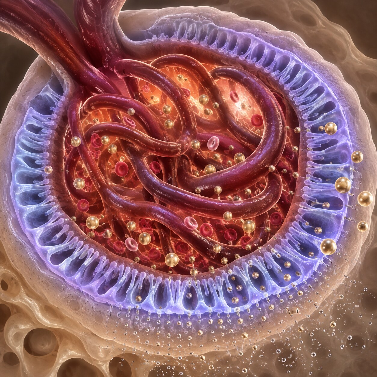 Scientific cross-section illustration of a kidney glomerulus showing its filtration barrier retaining large protein molecules