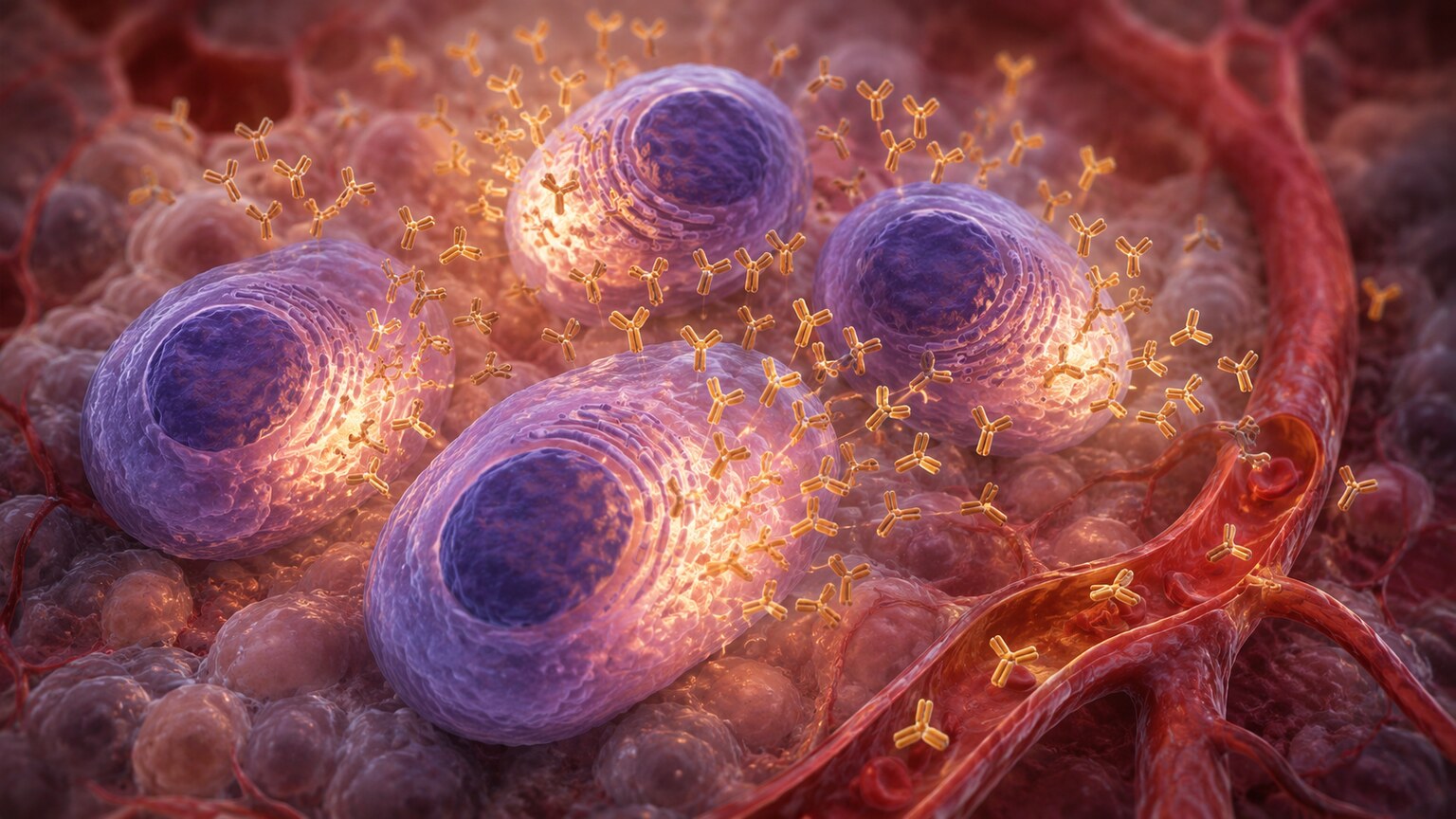 Scientific illustration of immune cells producing elevated globulin proteins in response to chronic inflammation