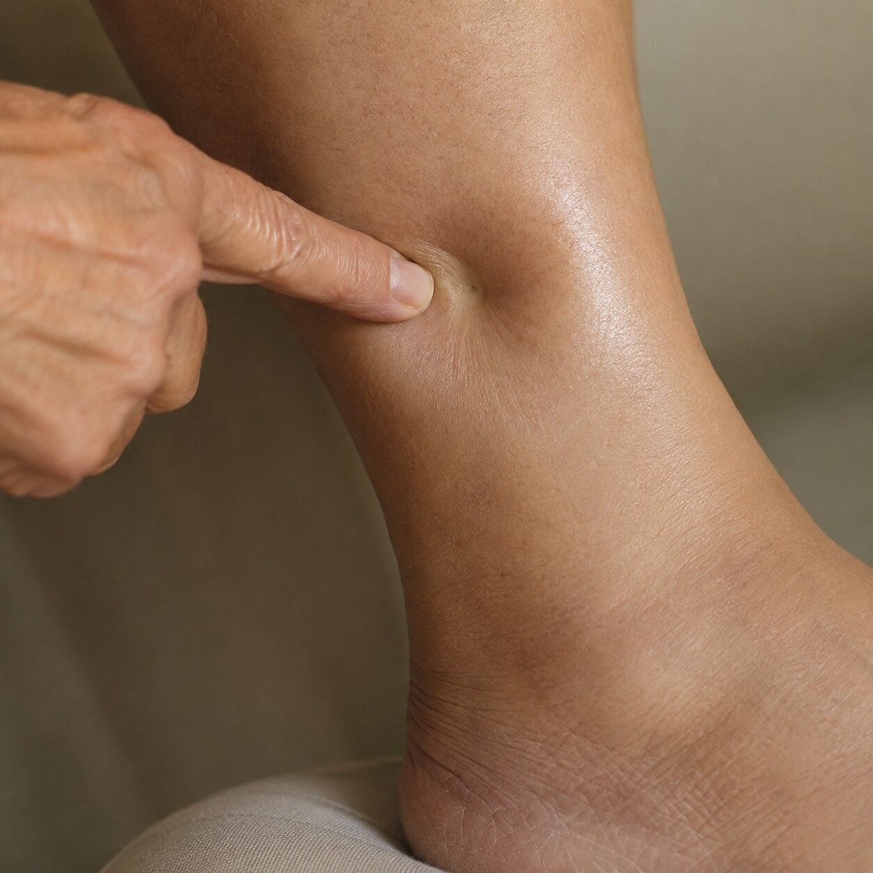 Close-up photograph of a person pressing a finger into visibly swollen ankle skin, demonstrating pitting edema