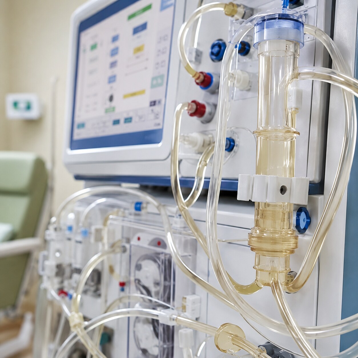 Close-up of a dialysis machine's tubing and dialysate lines, illustrating how dialysis can itself contribute to ongoing protein loss