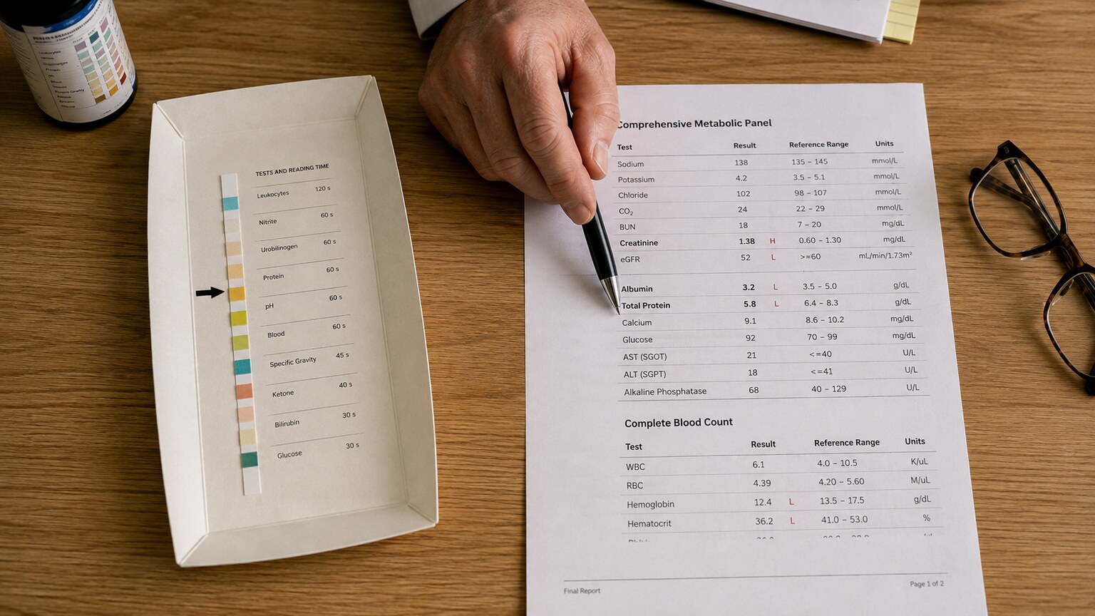 Overhead view of a clinician's desk with both a urine protein test strip and a printed blood panel report being reviewed side by side