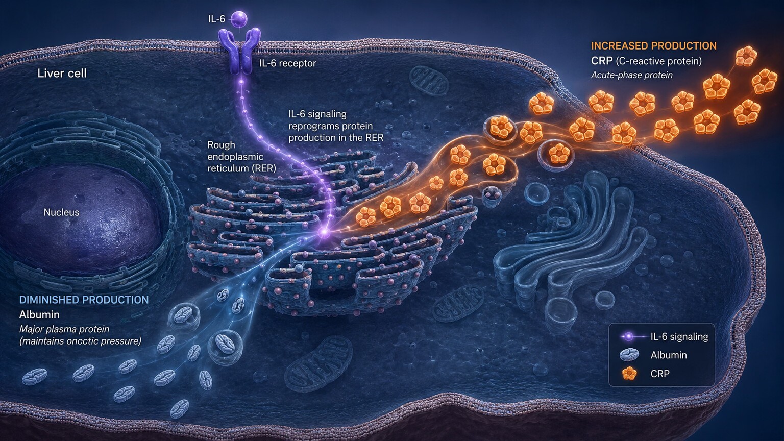 Scientific illustration of a liver cell's protein-manufacturing machinery shifting output from albumin molecules toward CRP molecules