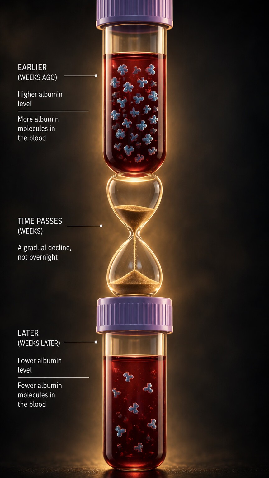 Close-up of two blood vials placed several weeks apart on a lab bench, illustrating how albumin declines gradually over time rather than instantly