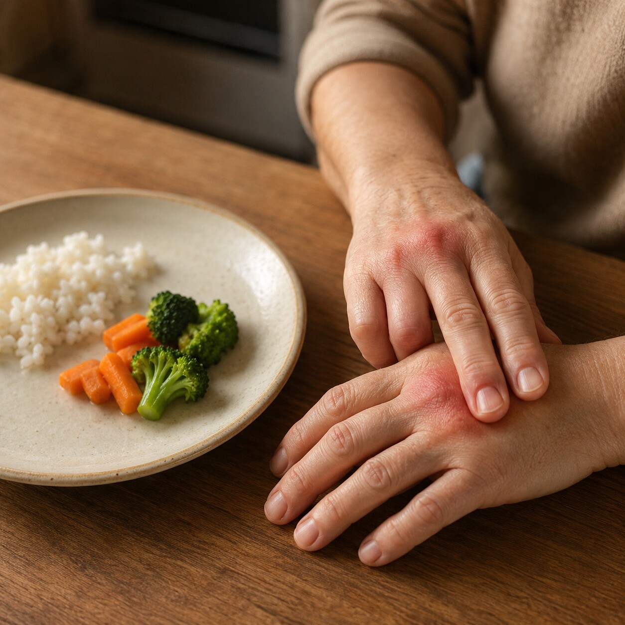 A sparse, small meal on a plate beside a person gently pressing a visibly swollen, reddened knuckle, representing two different causes of low albumin