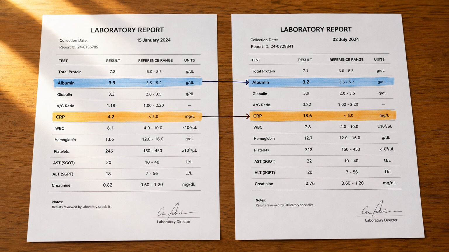 Two printed lab reports from different months placed side by side, tracking albumin declining while CRP rises over the same period