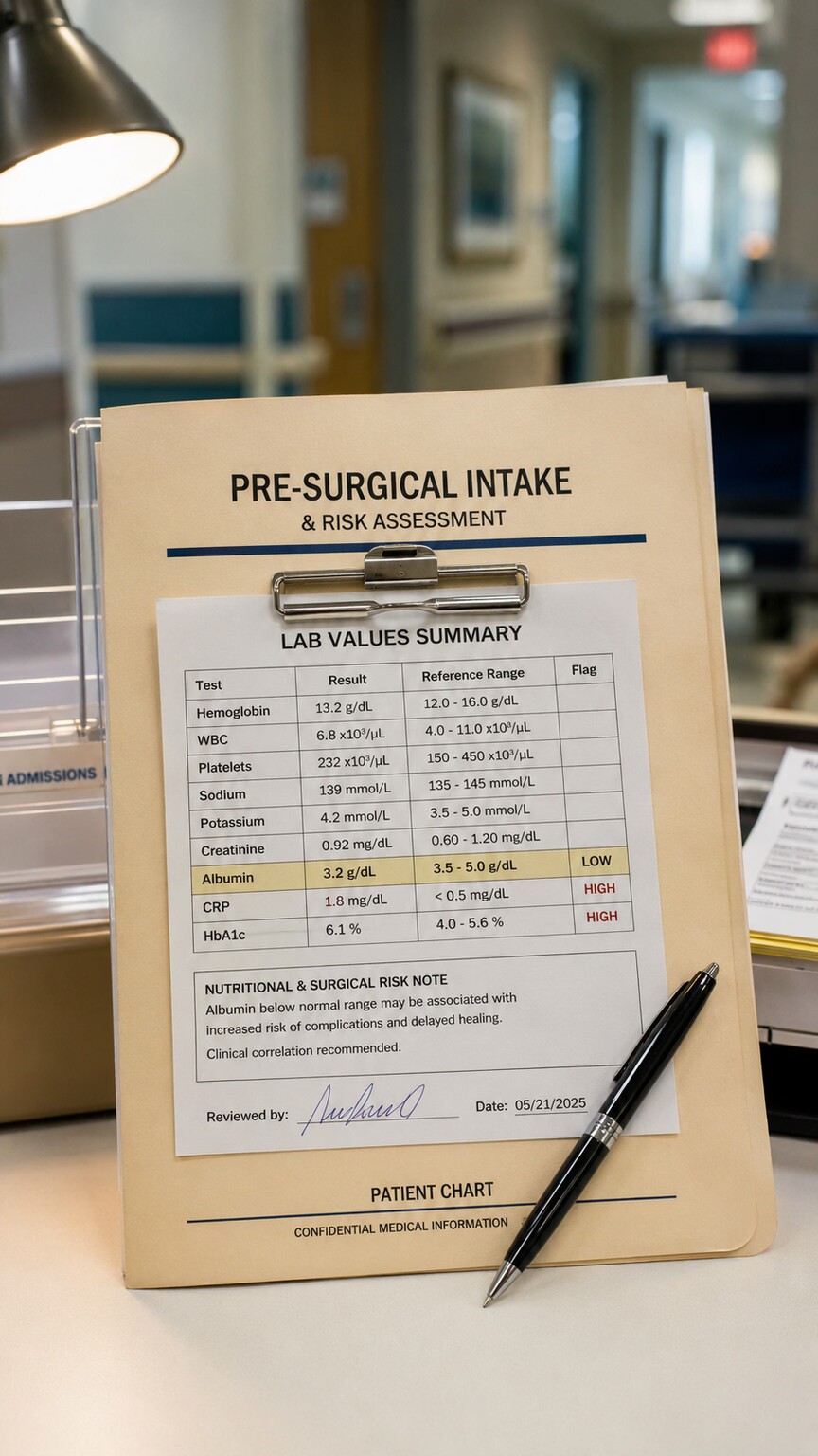 A pre-surgical intake folder with a lab values summary sheet clipped to the front, sitting on a hospital admissions desk