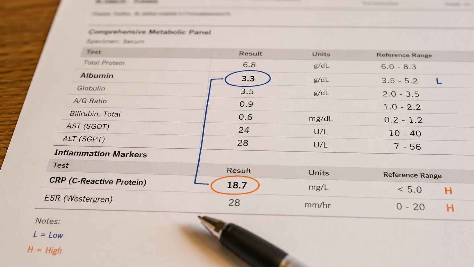 Close-up of a printed lab report with the albumin row and CRP row both highlighted, one trending down and one trending up