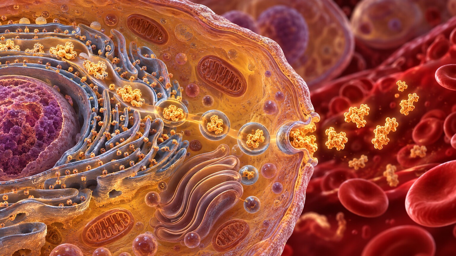 Cross-section illustration of liver cells actively assembling and releasing protein molecules into the surrounding bloodstream
