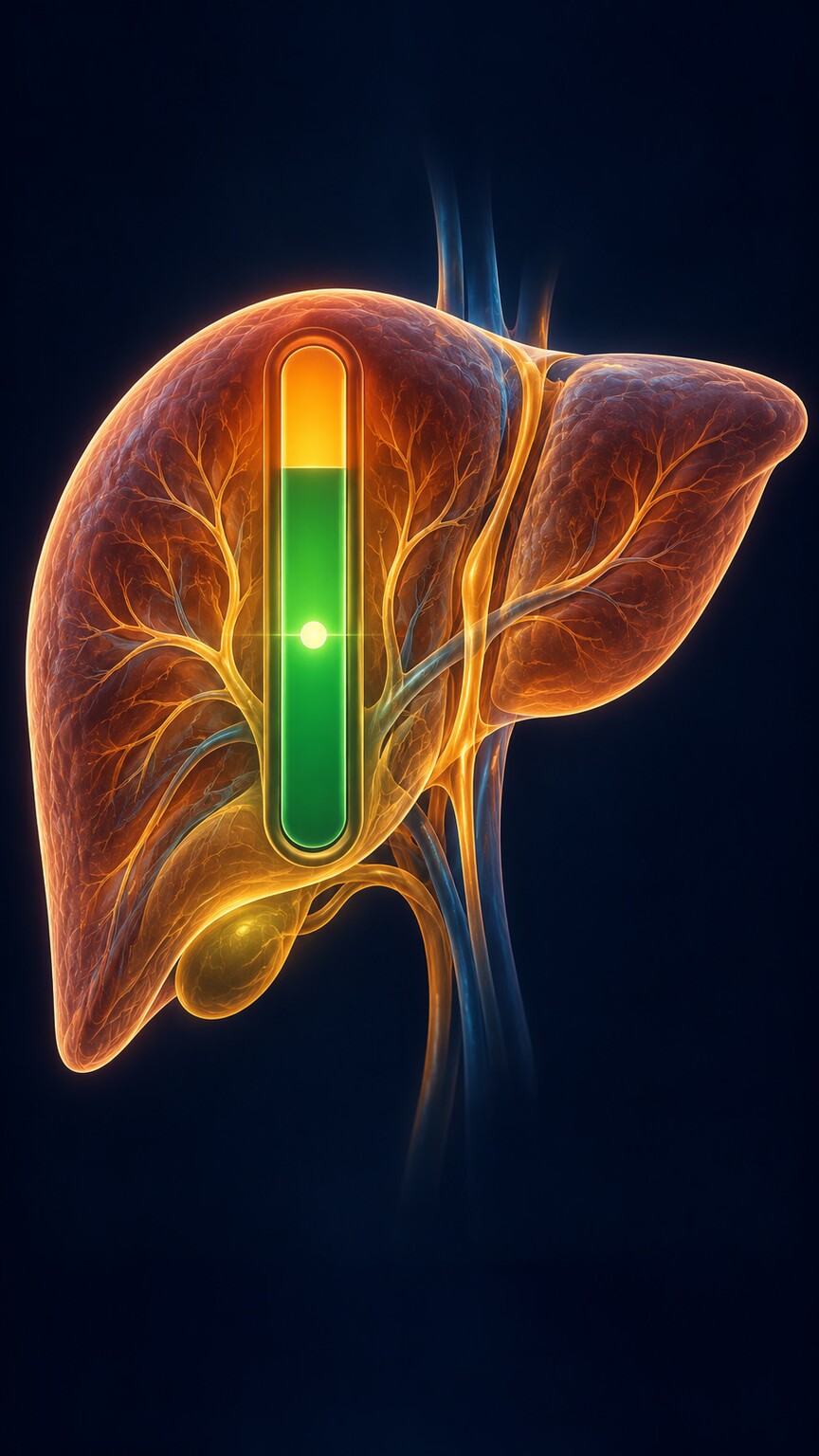 Illustration of a liver with a visible internal capacity gauge showing a large reserve zone before functional output actually declines