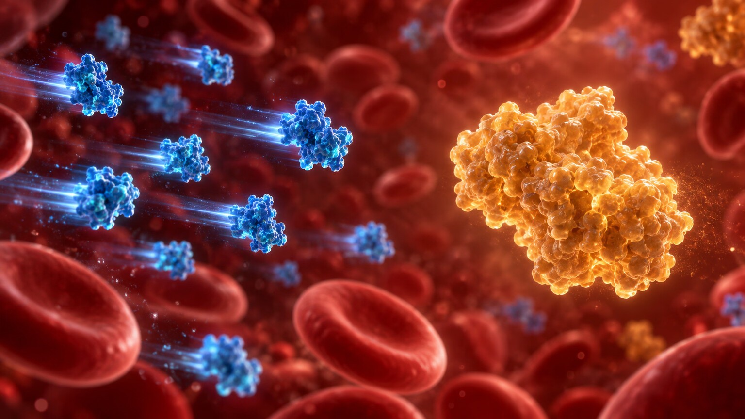 Illustration of liver-produced clotting factor molecules circulating in blood plasma, several rendered with a noticeably shorter, faster-turnover structure than albumin