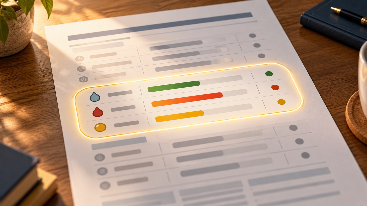 Printed lab panel showing albumin, INR, and bilirubin values reviewed together to distinguish liver synthesis failure from other causes of low protein