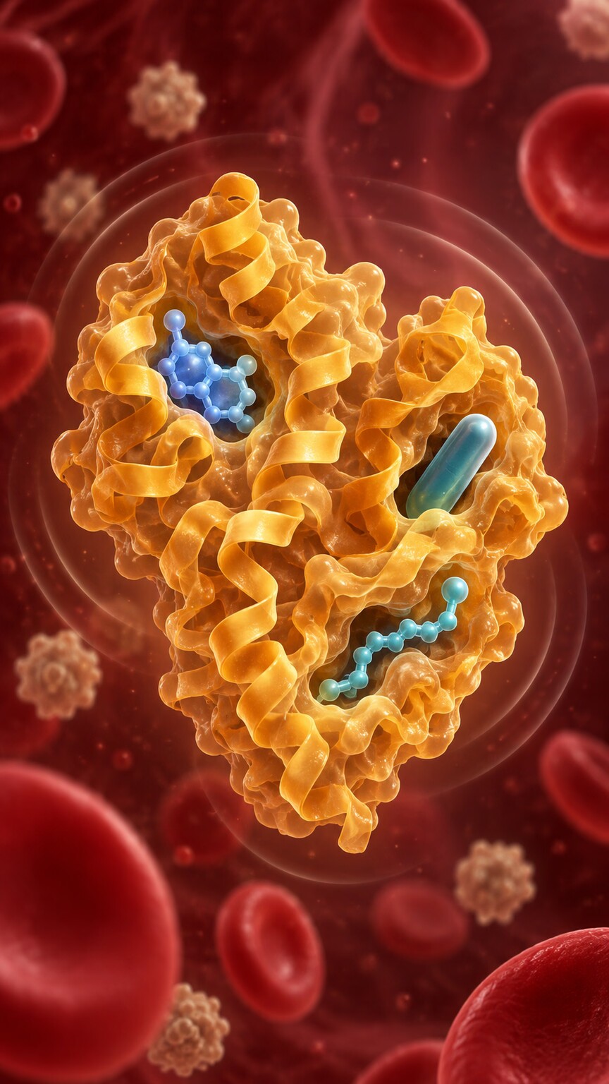 Illustration of an albumin protein molecule carrying bound hormone and medication cargo through the bloodstream while also maintaining fluid balance