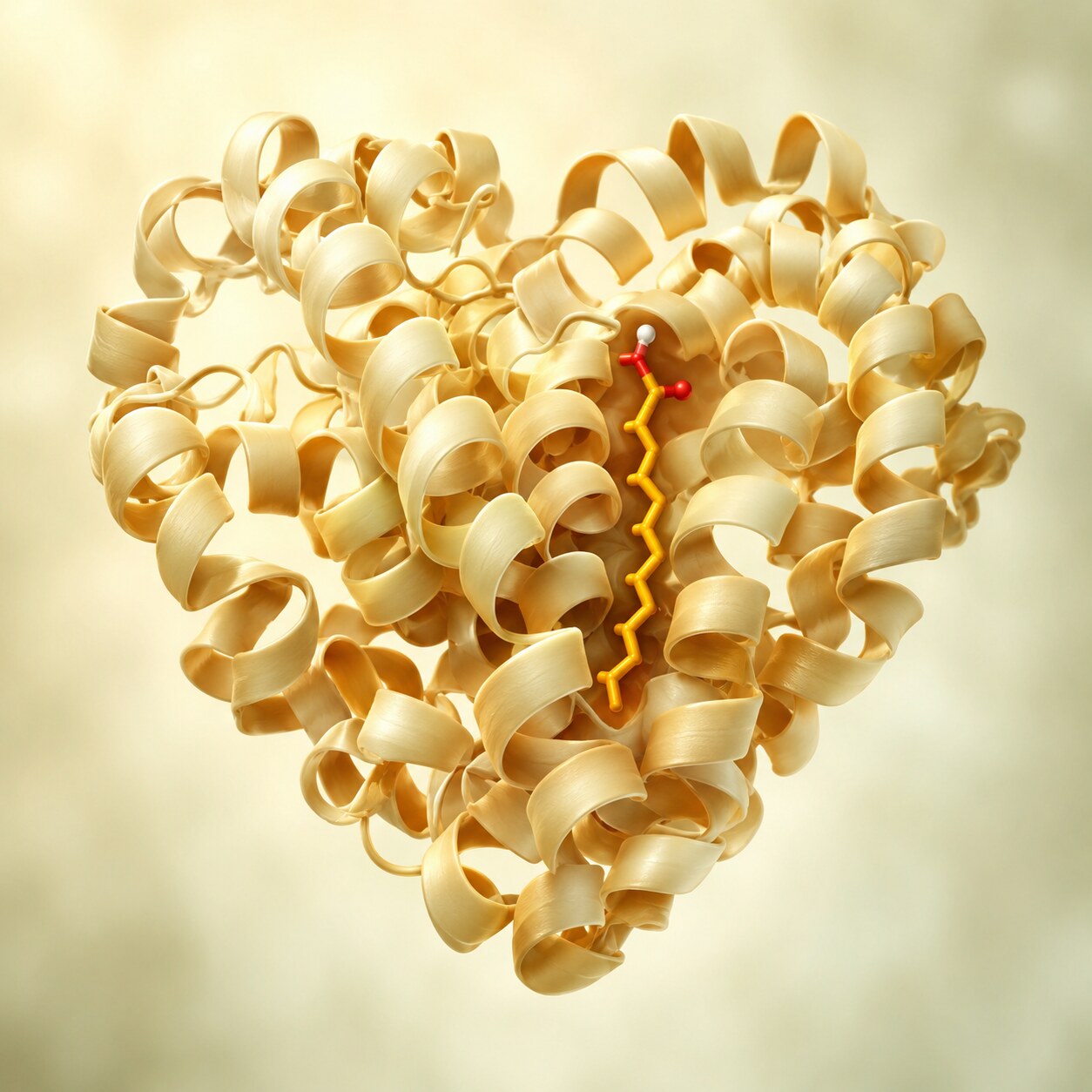 Close-up scientific illustration of a single albumin protein molecule with a fatty acid bound in its carrier pocket
