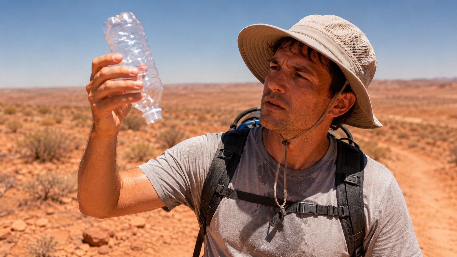 Person pausing on a hot, dry trail holding an empty water bottle, illustrating the dehydration that most commonly drives an elevated albumin result