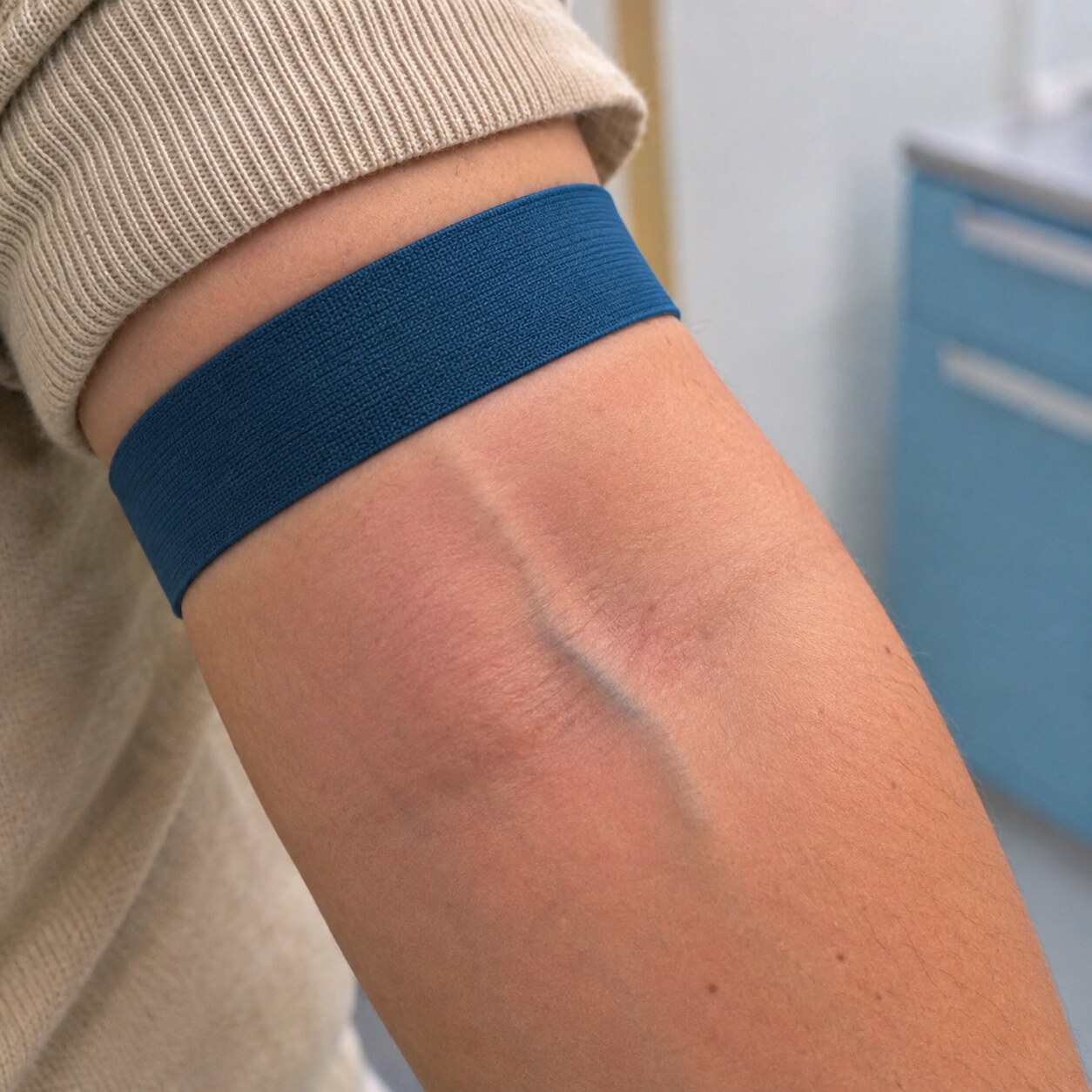 Close-up of a tourniquet applied tightly around a forearm just before a blood draw, illustrating a technical cause of falsely elevated albumin