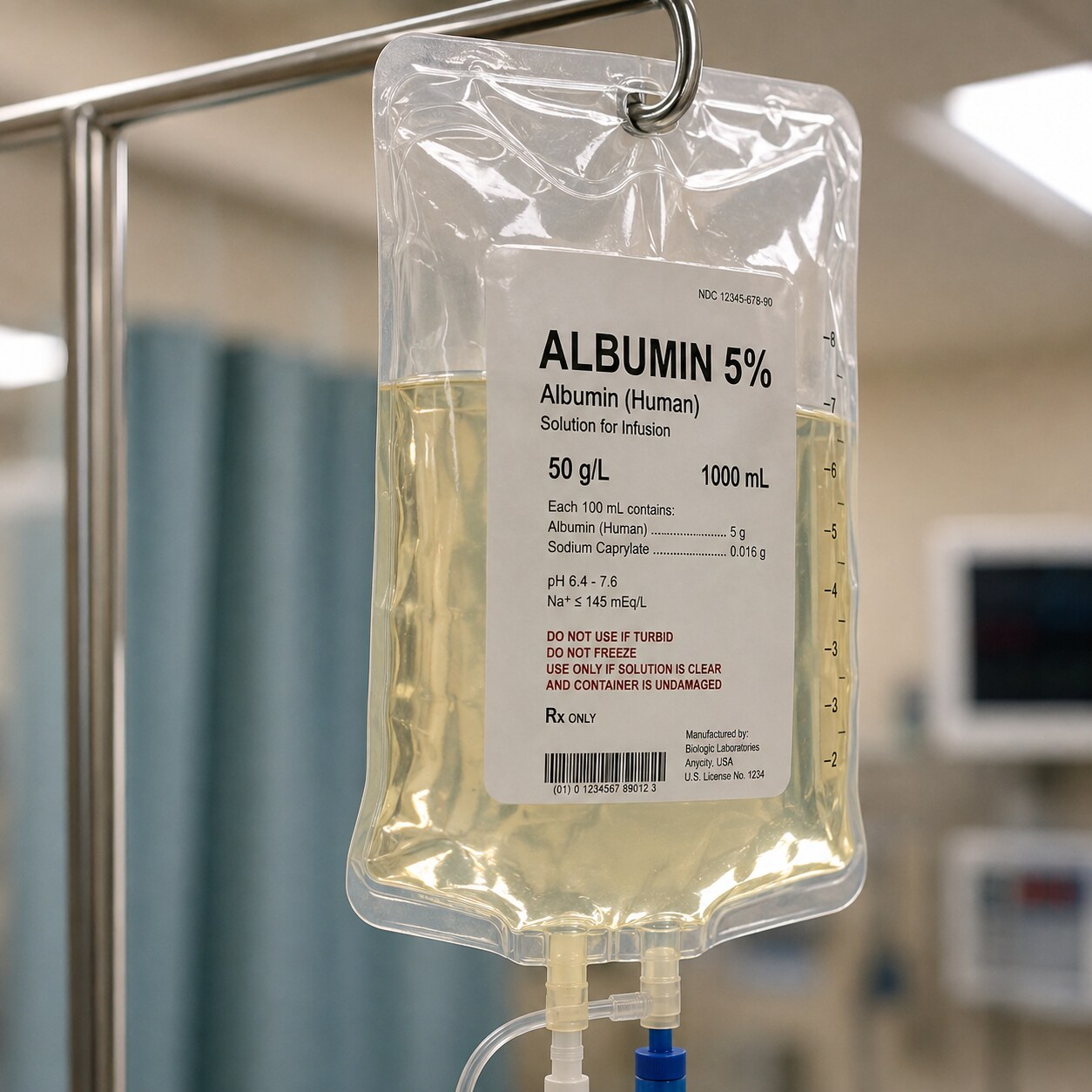 IV albumin infusion bag hanging on a hospital stand, representing a medically administered exogenous source of elevated albumin