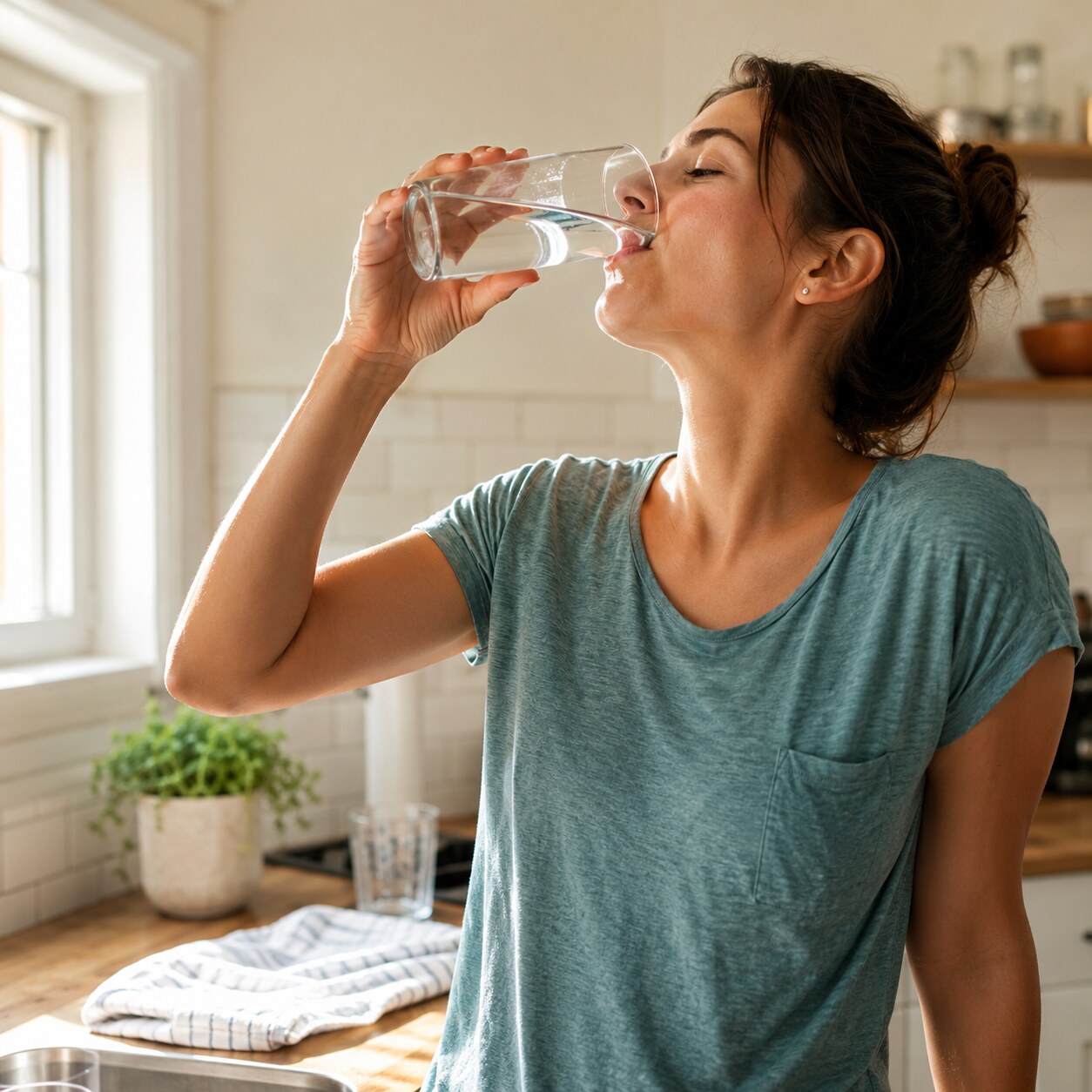 Person drinking a full glass of water at a kitchen counter, representing the simple rehydration step that typically resolves an elevated albumin result