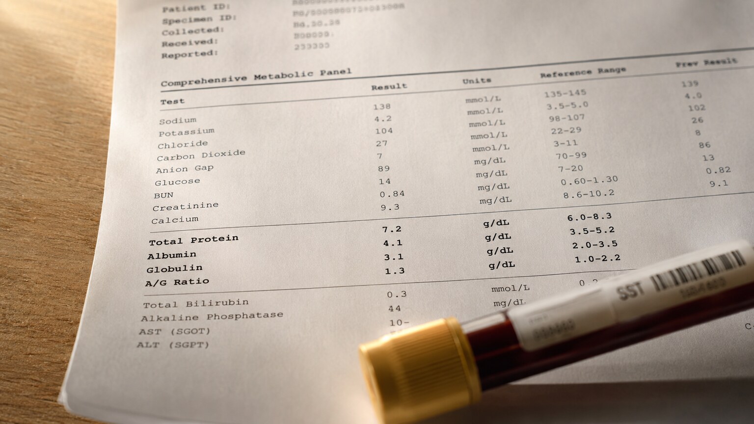 Close-up of a printed lab report showing a total protein value beside a labeled blood collection tube with a visible reference range