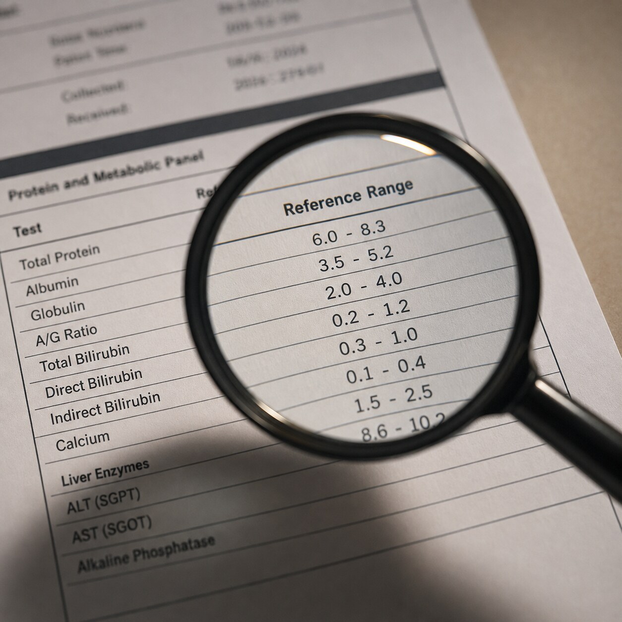Close-up of a printed lab report reference range column being examined with a magnifying glass