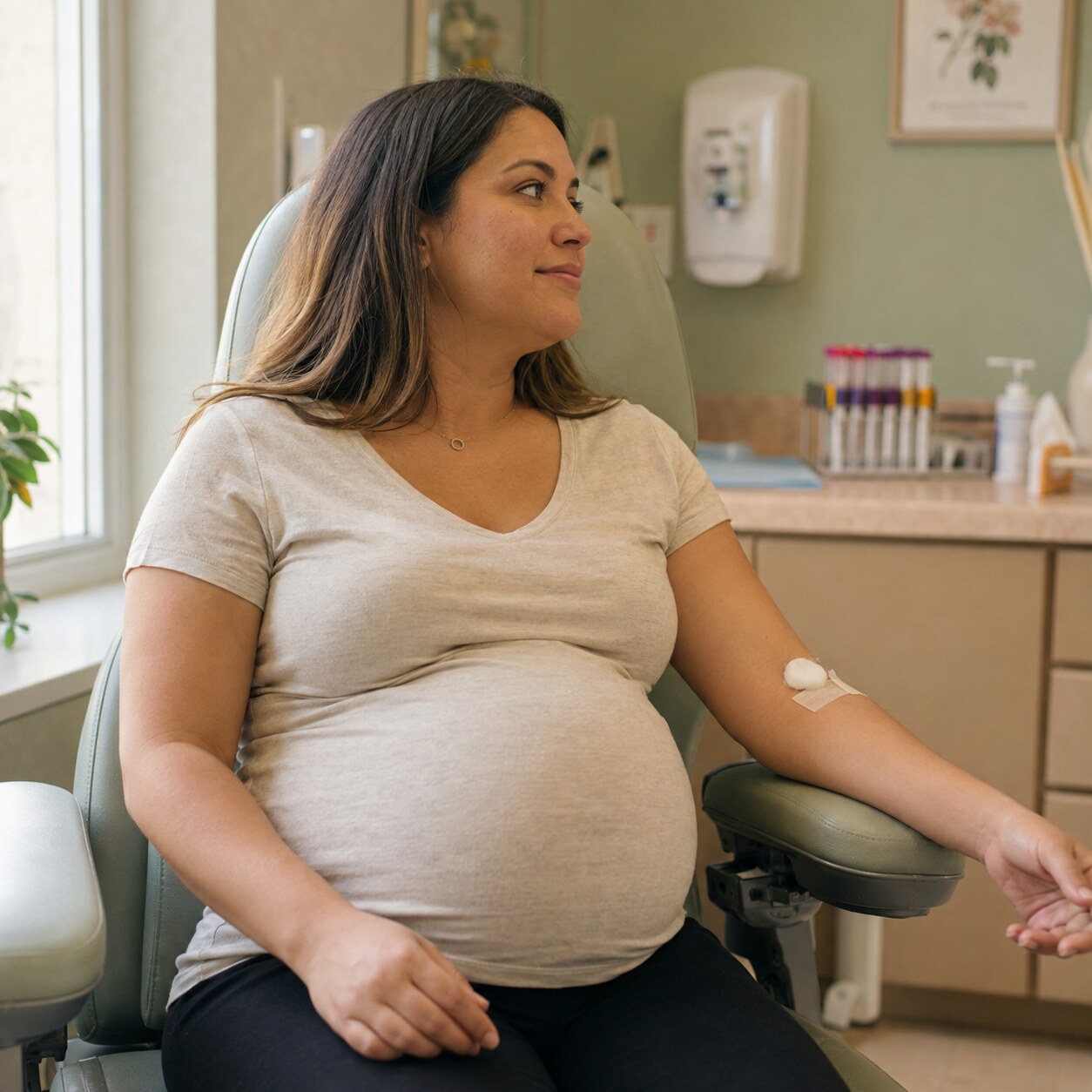 Pregnant person having blood drawn during a prenatal visit, illustrating how pregnancy naturally shifts total protein levels