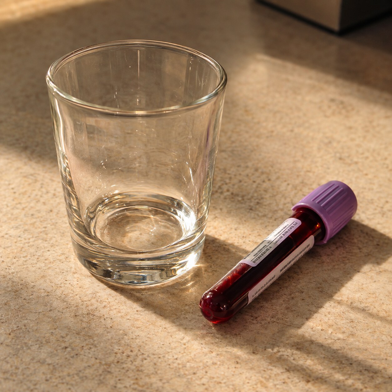 Empty drinking glass beside a blood collection tube, illustrating dehydration as a common and easily overlooked cause of elevated total protein