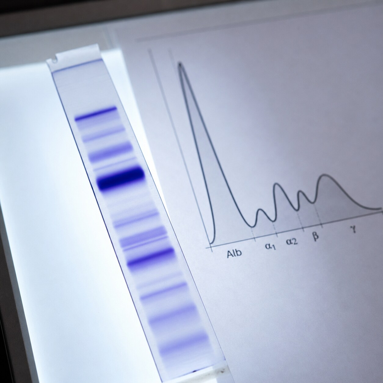 Close-up of a serum protein electrophoresis strip and its accompanying graph, used to separate and analyze individual protein fractions