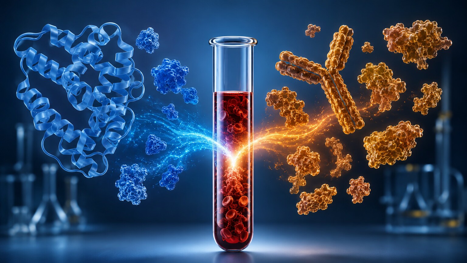 Scientific illustration of albumin and globulin protein molecules, two distinct families, being measured together as one combined total protein value