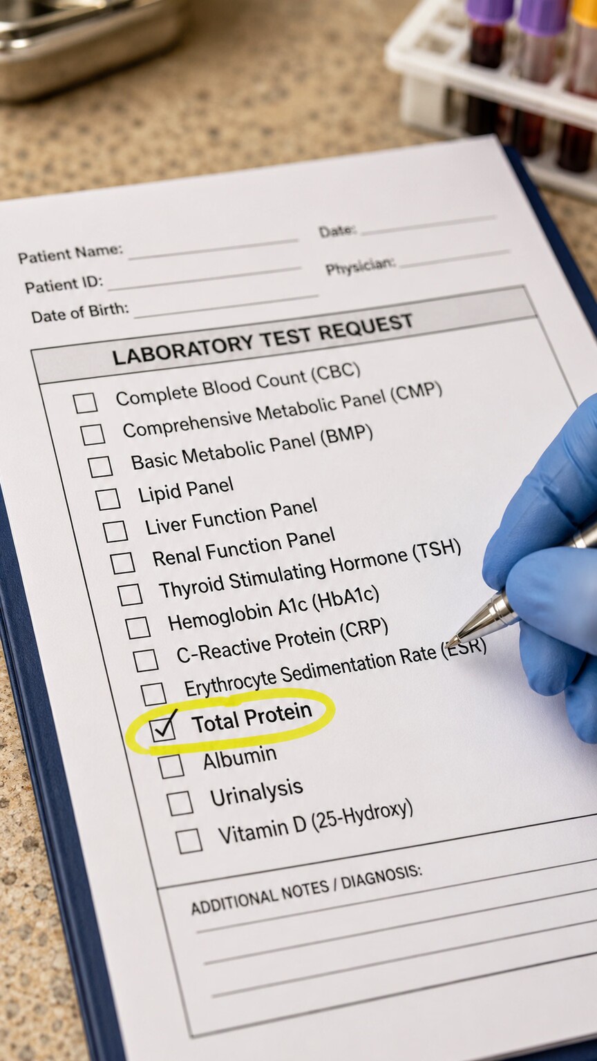 A lab requisition form showing total protein as one line item among a dozen other tests bundled into a standard comprehensive metabolic panel