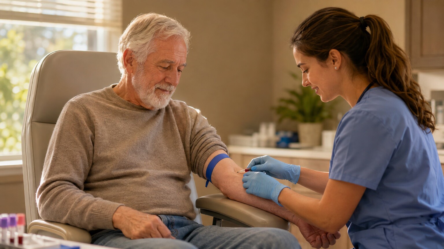 An elderly patient during a routine clinic visit, having a follow-up blood draw as part of ongoing nutritional status monitoring for a chronic condition