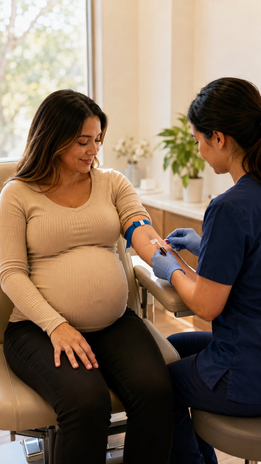 A pregnant person having a routine blood draw during a prenatal visit, part of standard pregnancy monitoring that includes protein-related screening