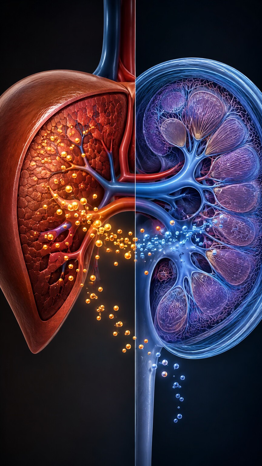 Scientific illustration showing the liver manufacturing protein on one side and the kidney filtering blood on the other, the two organ systems total protein helps screen