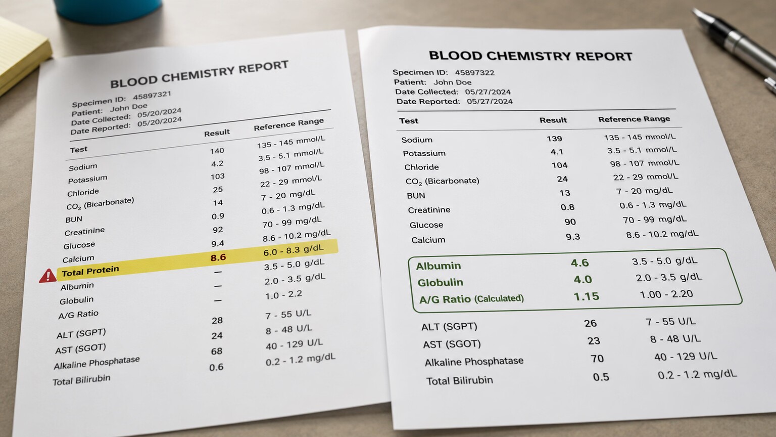 A printed lab report with a flagged total protein value, alongside a follow-up report showing the same result now broken down into separate albumin and globulin lines