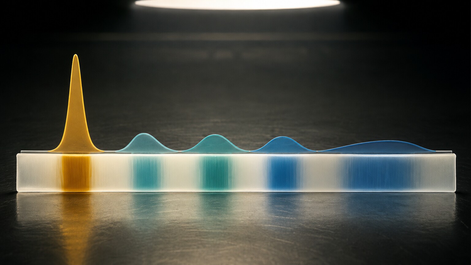 Scientific illustration of a serum protein electrophoresis strip showing distinct albumin and globulin protein bands