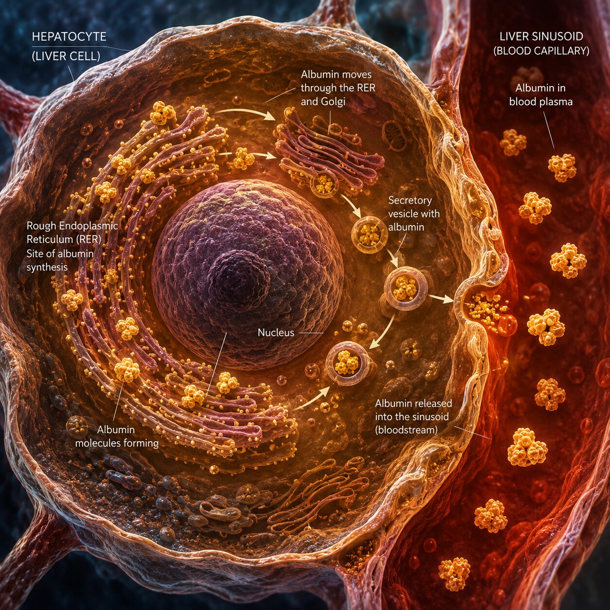 Illustration of a liver hepatocyte cell synthesizing and releasing albumin protein into a blood capillary