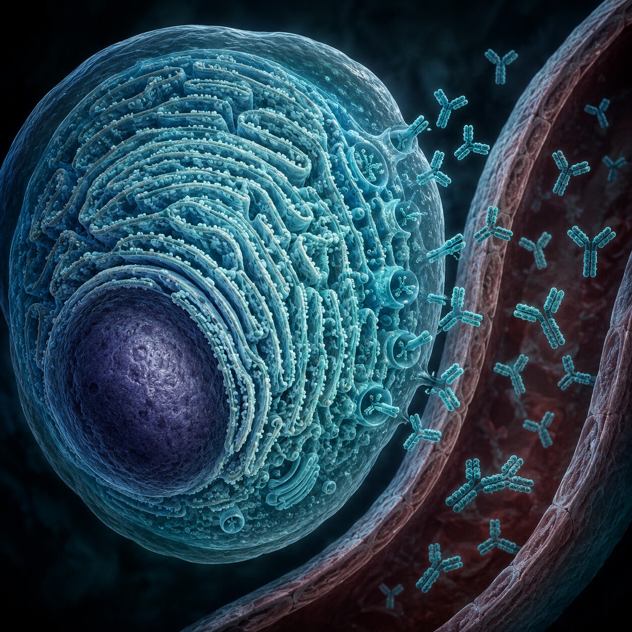 Illustration of an immune plasma cell secreting Y-shaped immunoglobulin globulin molecules into the bloodstream