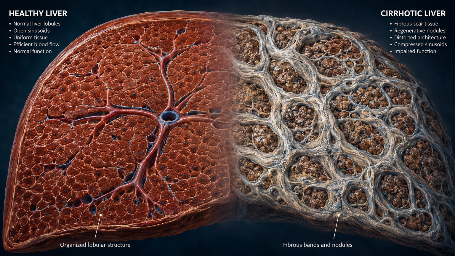 Cross-section illustration comparing healthy liver tissue to cirrhotic liver tissue with fibrotic scar nodules