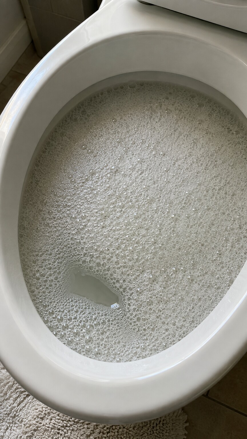 Close-up of foamy, bubbly urine in a toilet bowl indicating protein loss from nephrotic syndrome